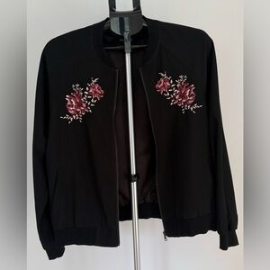 Roz & Ali Black Floral Embroidered Bomber Jacket | Size Large | Chic & Trendy